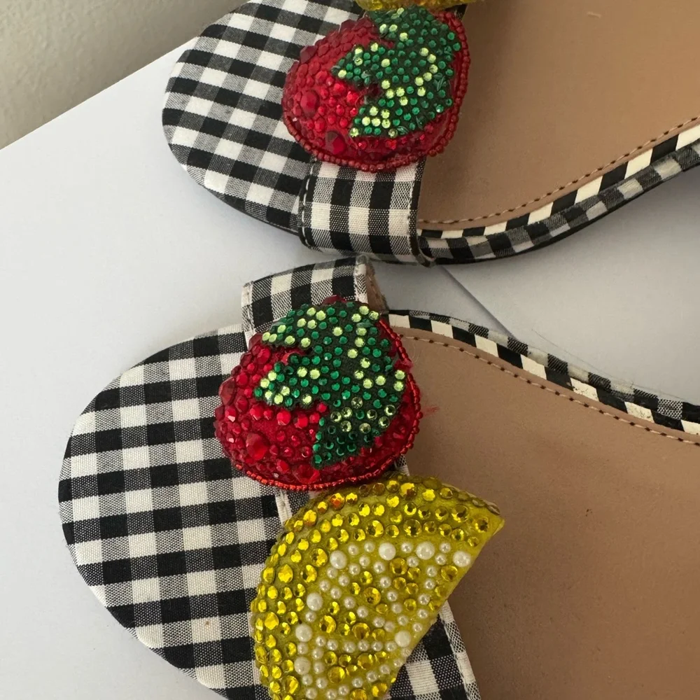 Betsey Johnson Red and Black Gingham Sandals with Beaded Fruit - Picture 4 of 4